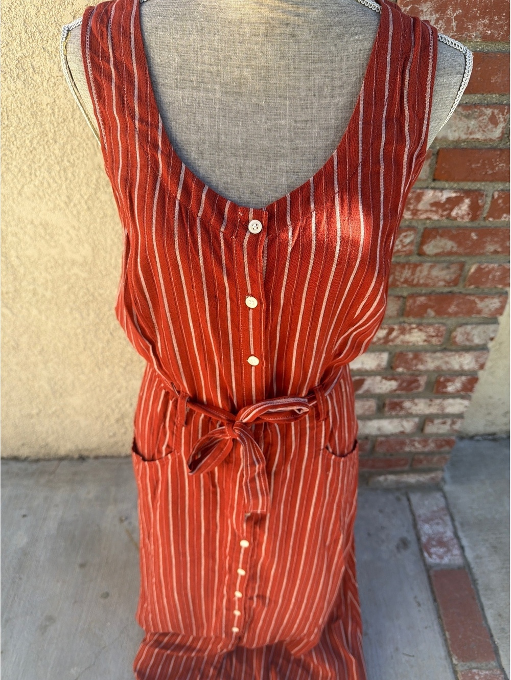 Max Studio Women's Medium Rust Red Striped Sleeveless Button-Front Dress with Pk